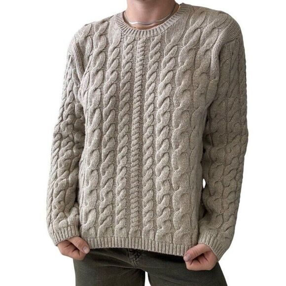 Orvis Cream 100% Shetland Wool Cable Knit Chunky Fisherman Sweater Sz M - Picture 7 of 7